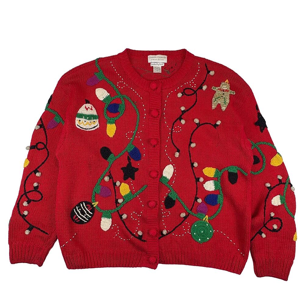 Casual Corner VTG Christmas Cardigan Women’s XL Red Ugly Sweater Holiday
